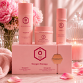 Relentless Oxygen Therapy skincare set with foaming face mask, brightening moisturizer, and serum in elegant pink spa-inspired packaging.