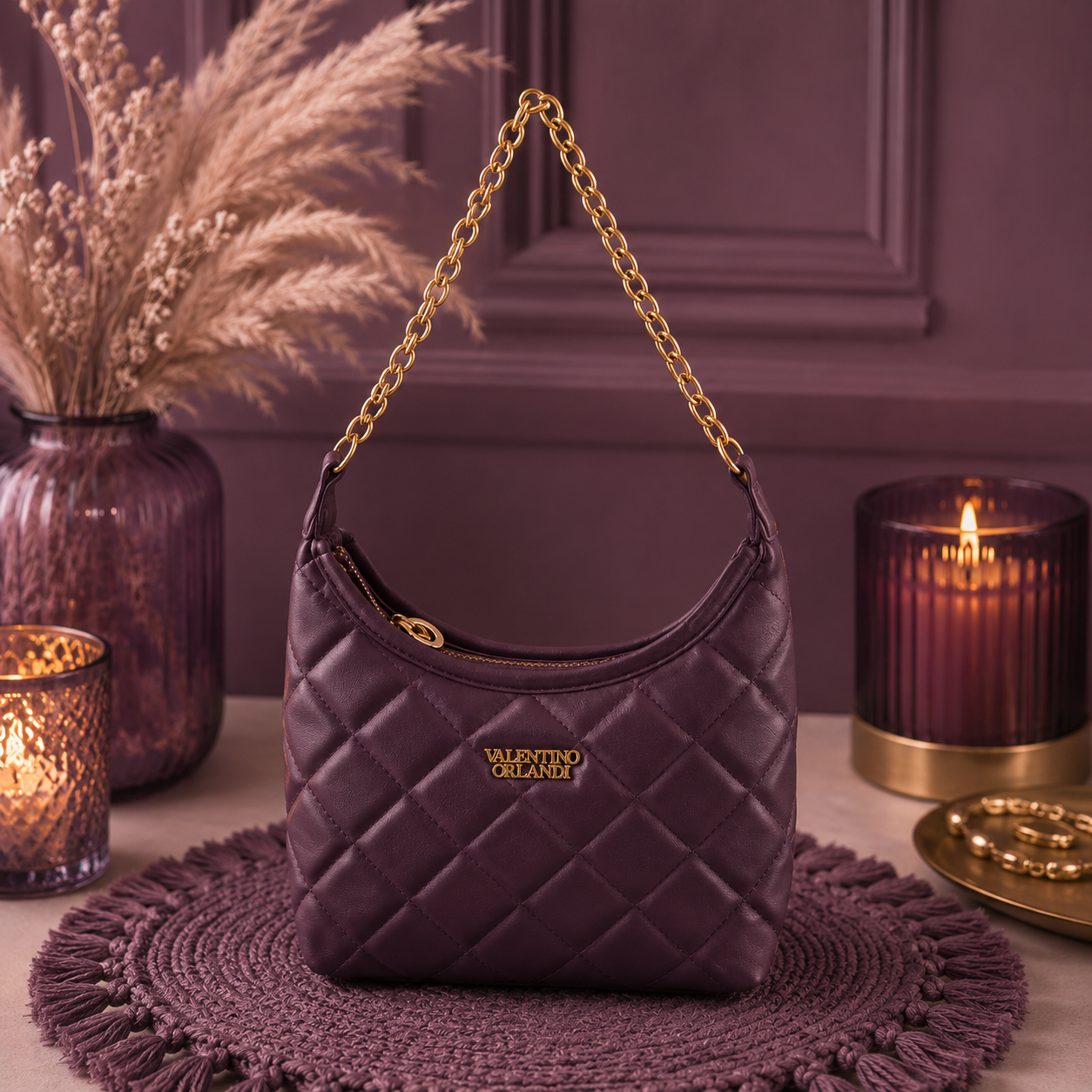 Valentino Orlandi Quilted Shoulder Bag – Plum Elegance