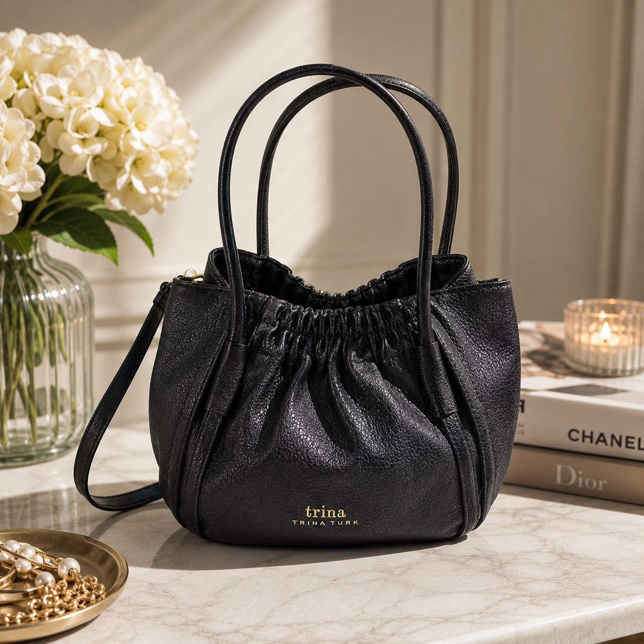 Trina Turk Gathered Leather Satchel – Black