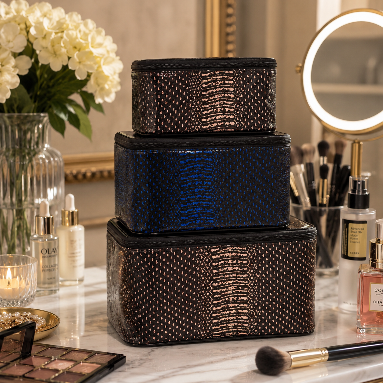 Luxe Python Cosmetic Train Case Set – 3 Piece Collection