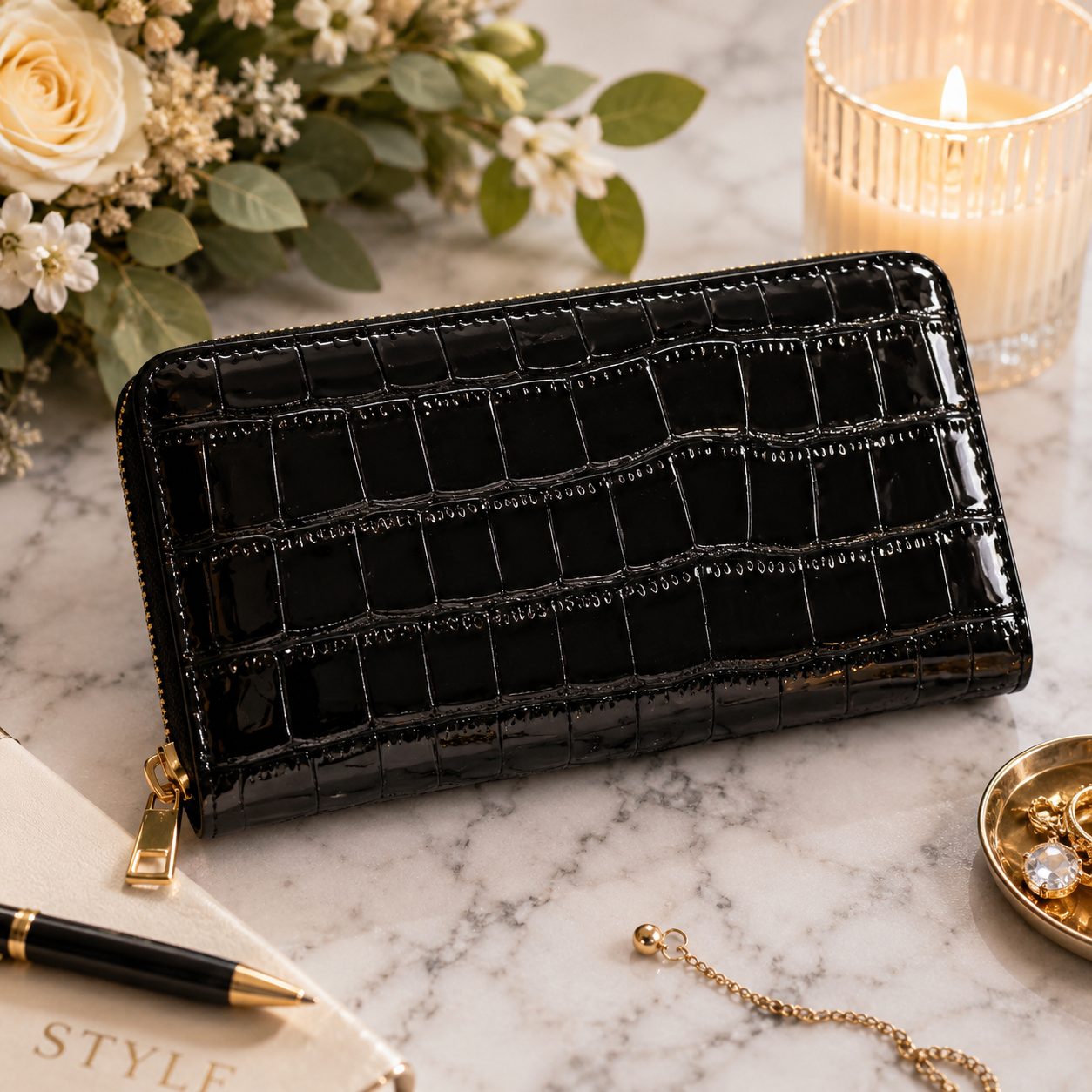 Croc-Embossed Patent Zip-Around Wallet – Black