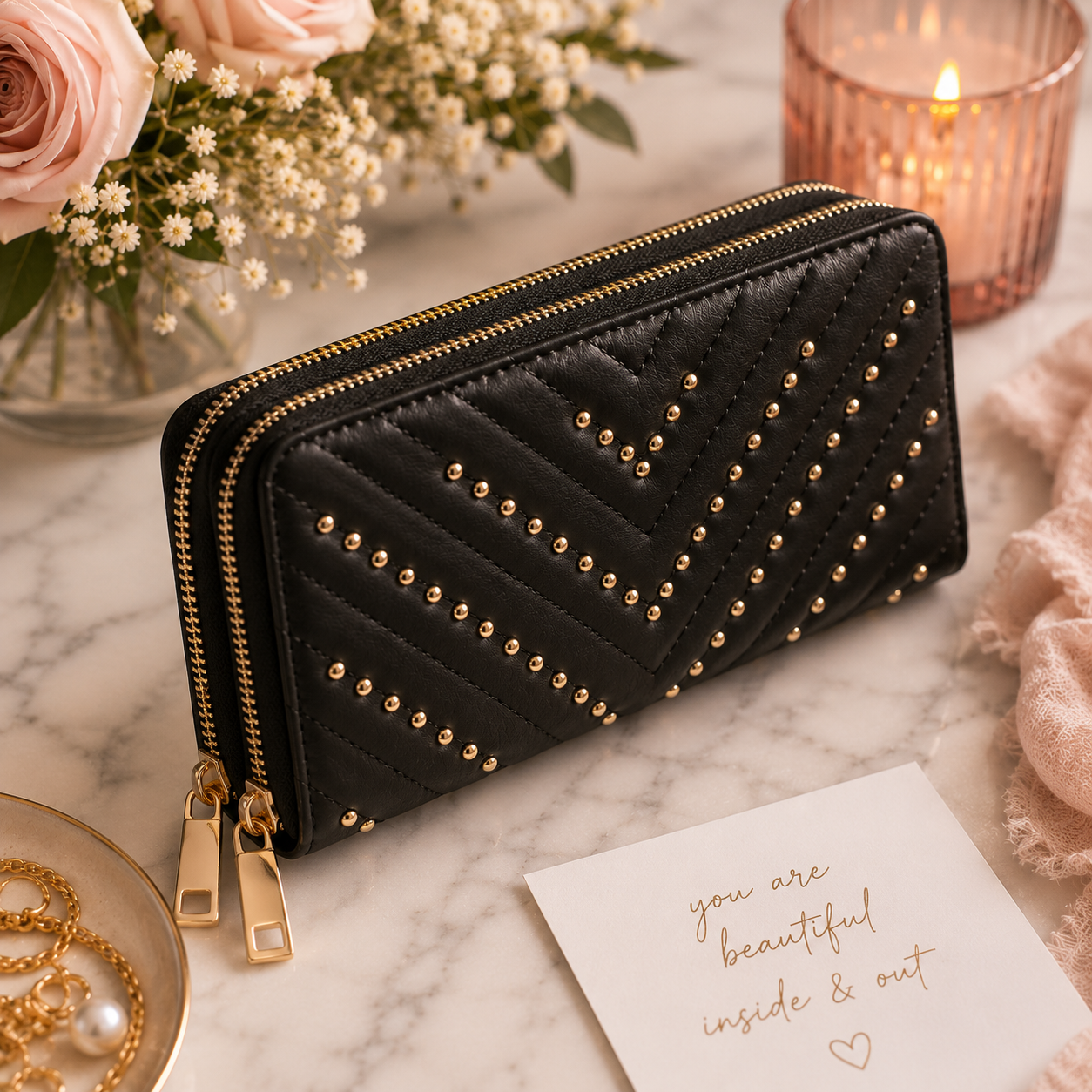 Studded Chevron Double Zip Wallet