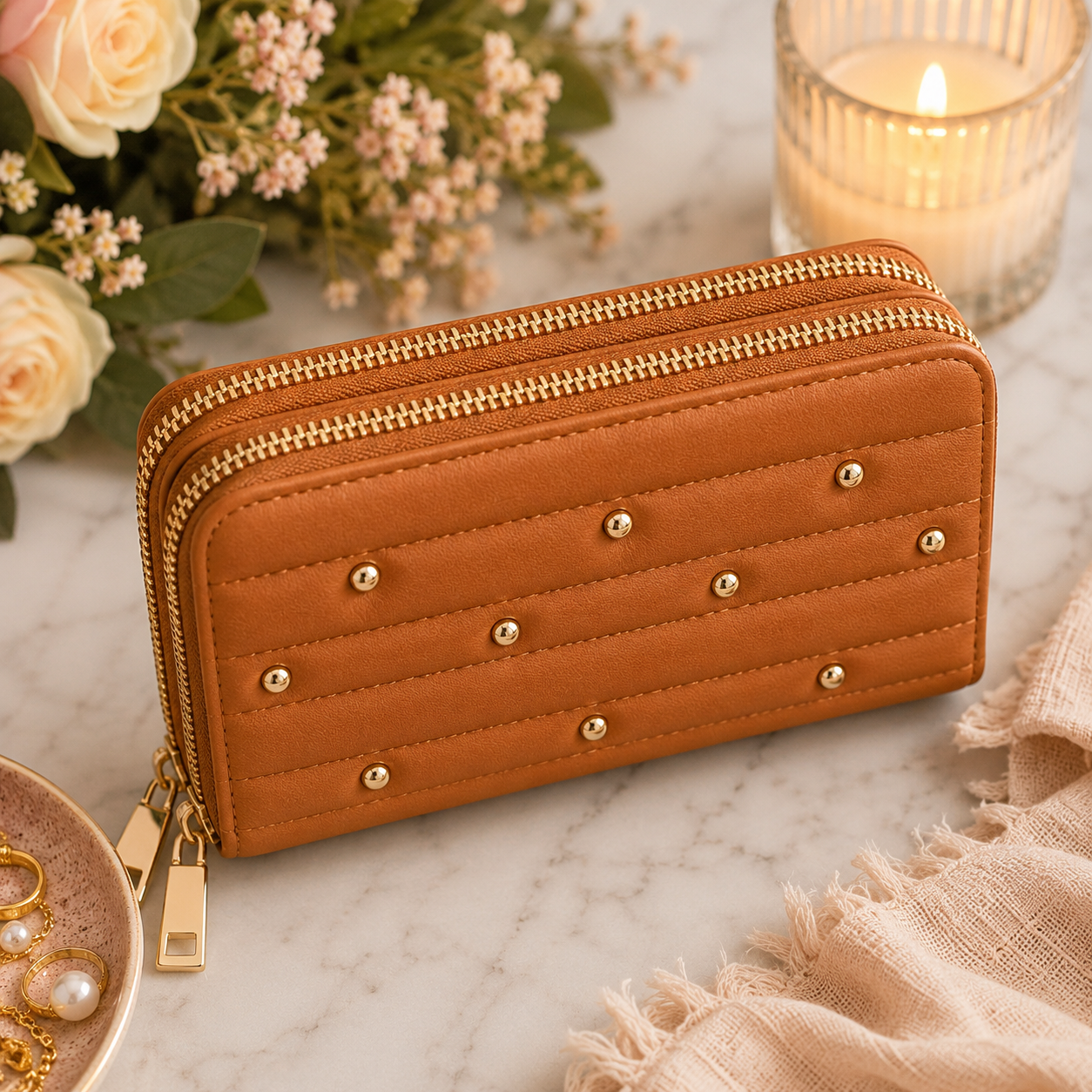 Studded Double Zip Wallet – Cognac