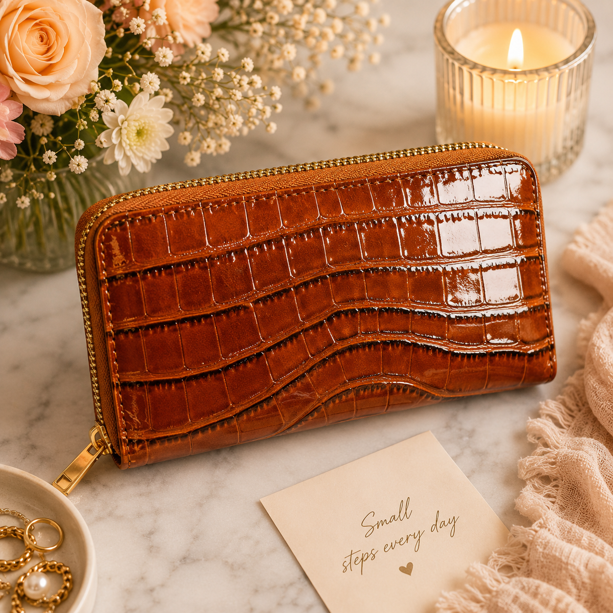 Croc-Embossed Patent Zip-Around Wallet – Cognac