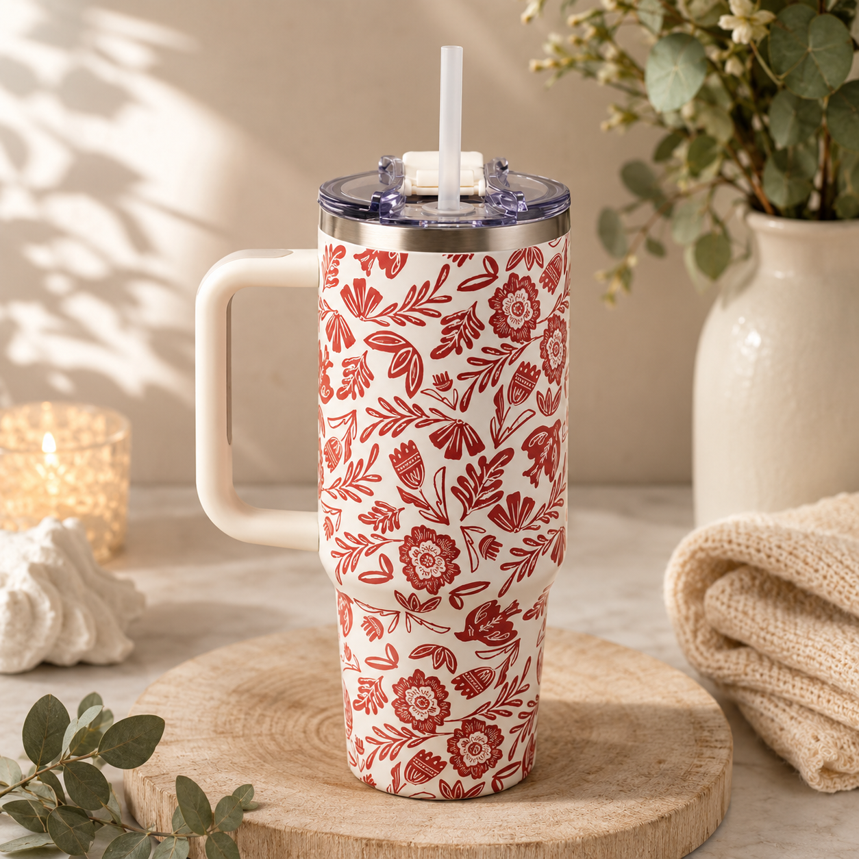 Red Folk Floral 40 oz Insulated Travel Mug