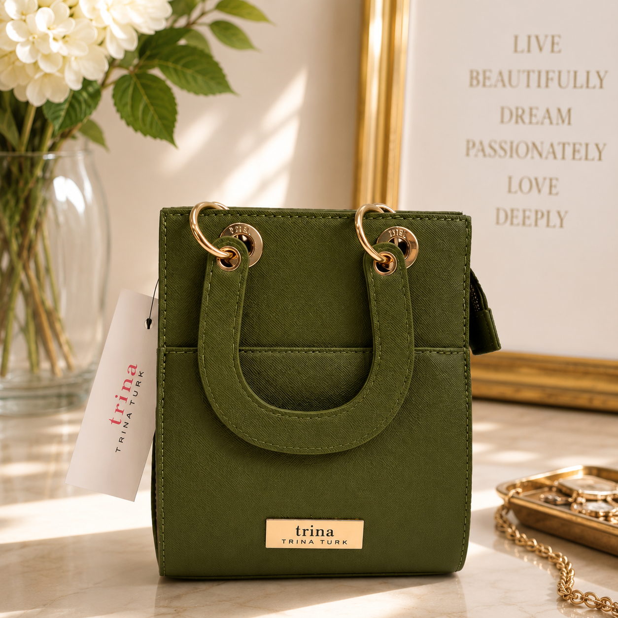 TRINA TURK DOUBLE HANDLE CROSSBODY BAG – PESTO