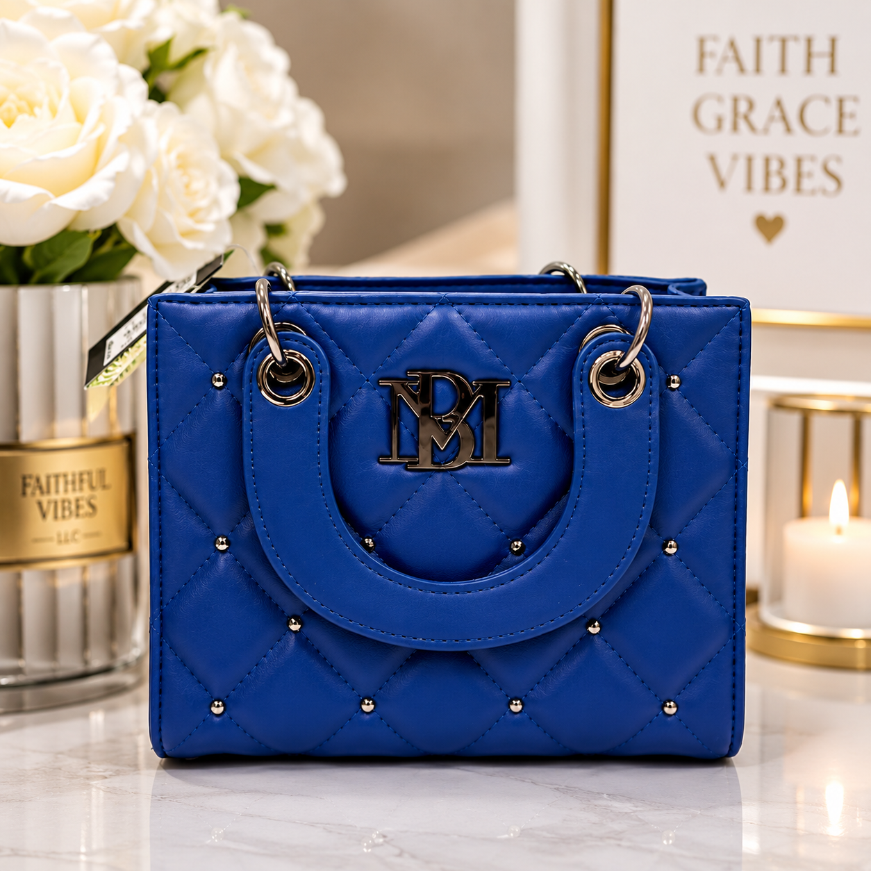 Badgley Mischka Blue Quilted Handbag With Studs