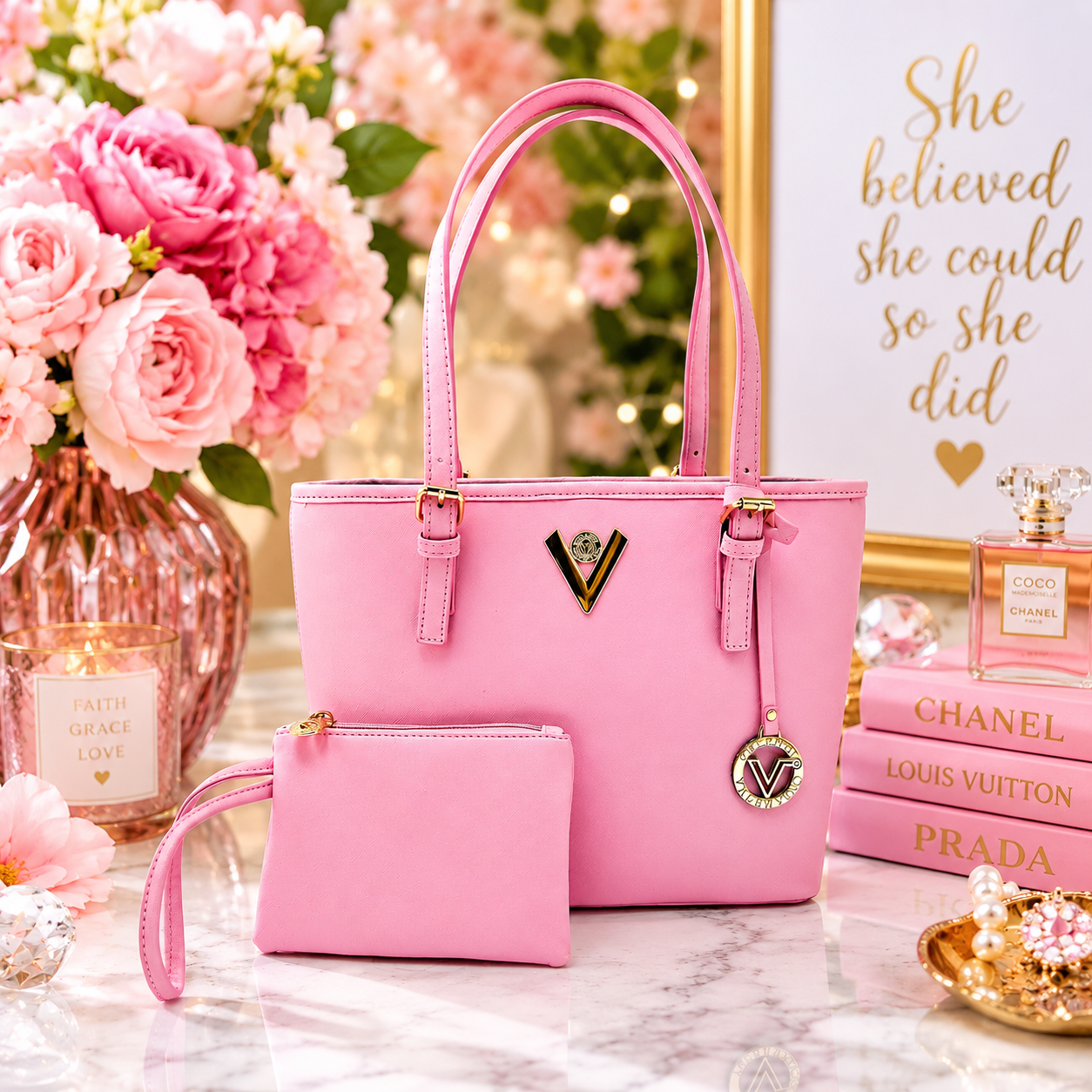 Valentino Orlandi Pink Tote Bag with Matching Wristlet