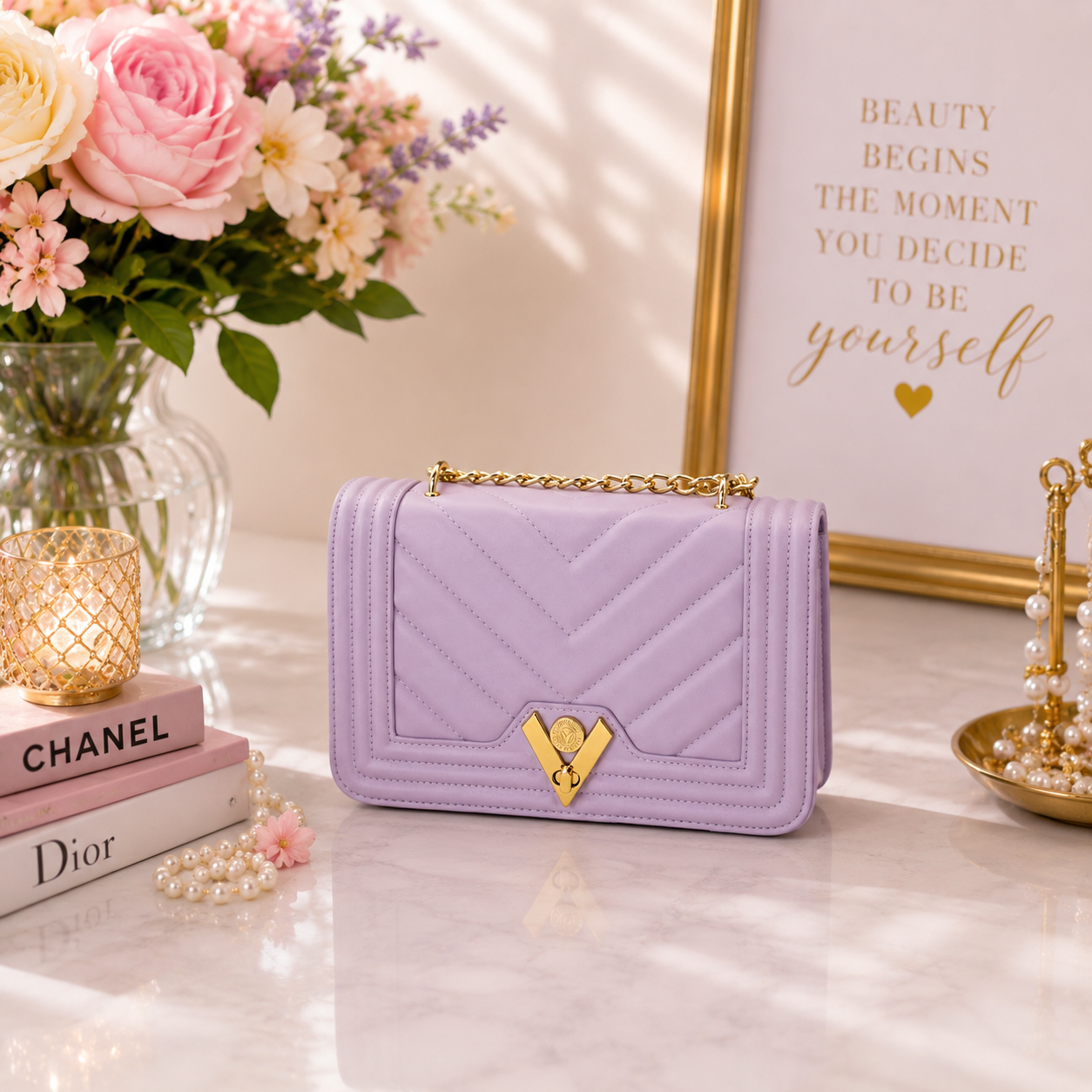 Valentino Orlandi Lavender Quilted Crossbody Bag