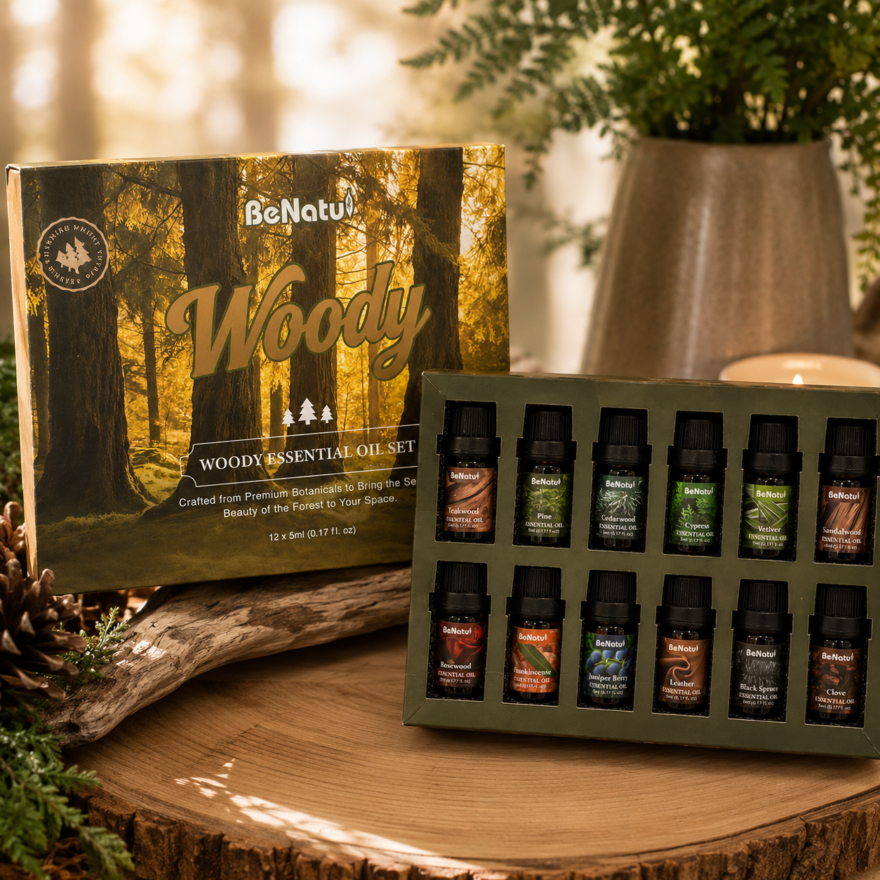 BeNatu Woody Essential Oil Collection – 12-Piece Forest-Inspired Gift Set